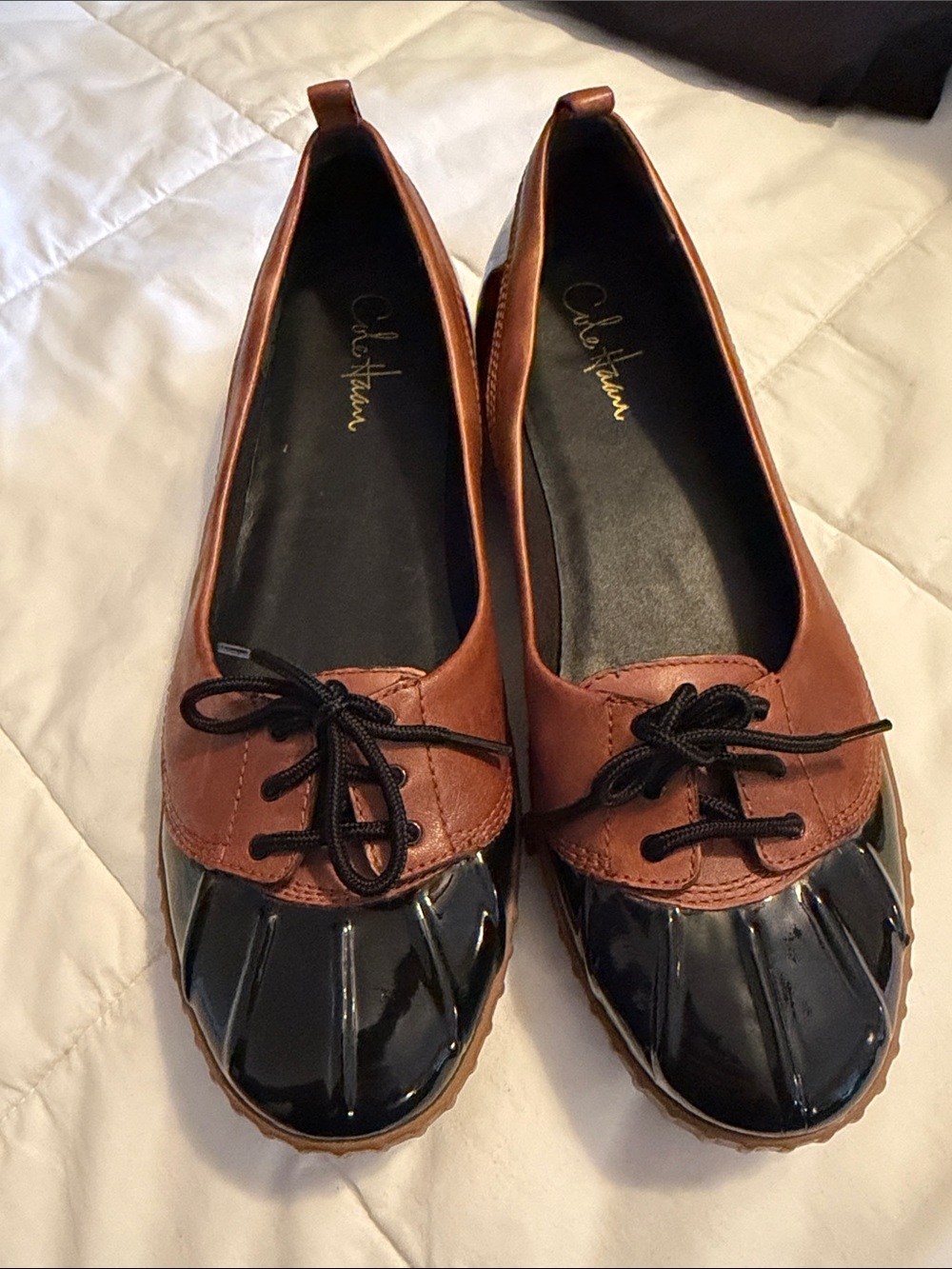 Cole Haan Brown Leather Flats with Black Patent Duck-Toe